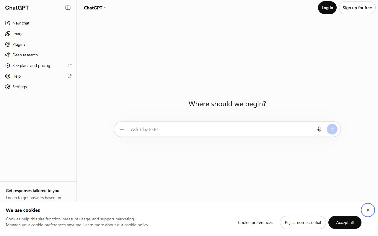 ChatGPT's public homepage, captured automatically on October 7, 2026. Not a logged-in account; the page may have changed since.