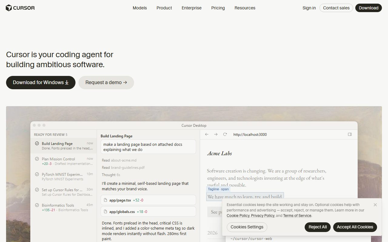 Cursor's public homepage, captured automatically on October 7, 2026. Not a logged-in account; the page may have changed since.