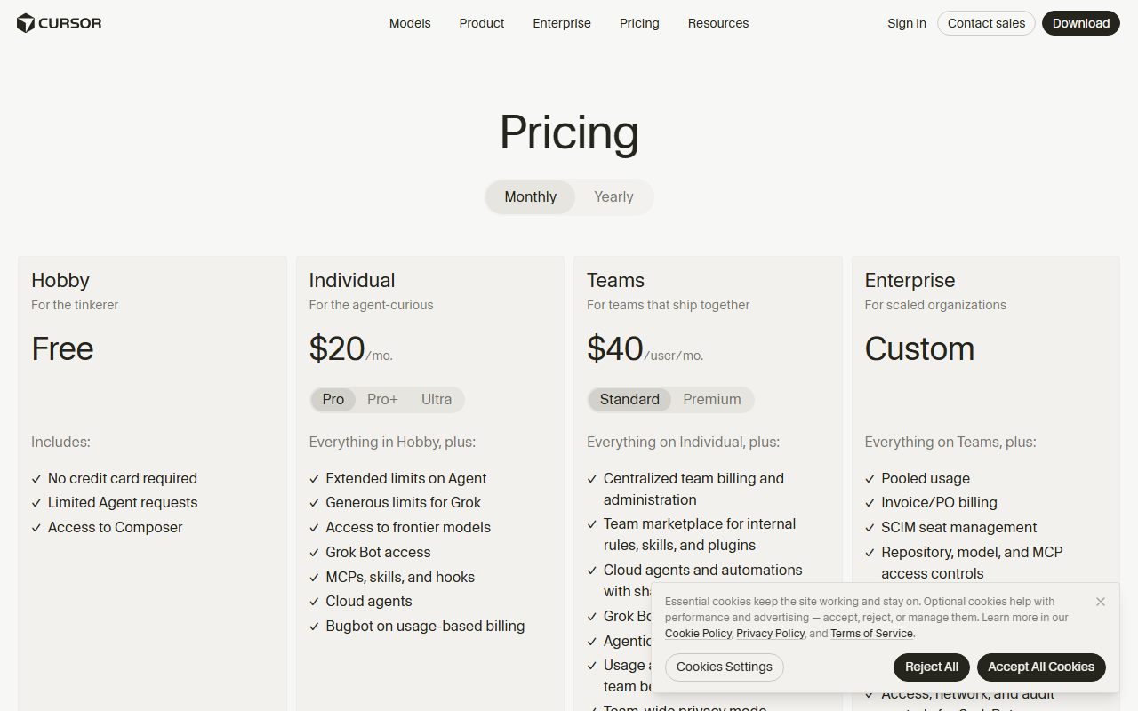 Cursor's pricing page as captured on October 7, 2026. Prices and tier contents change; the live page is the source of truth.