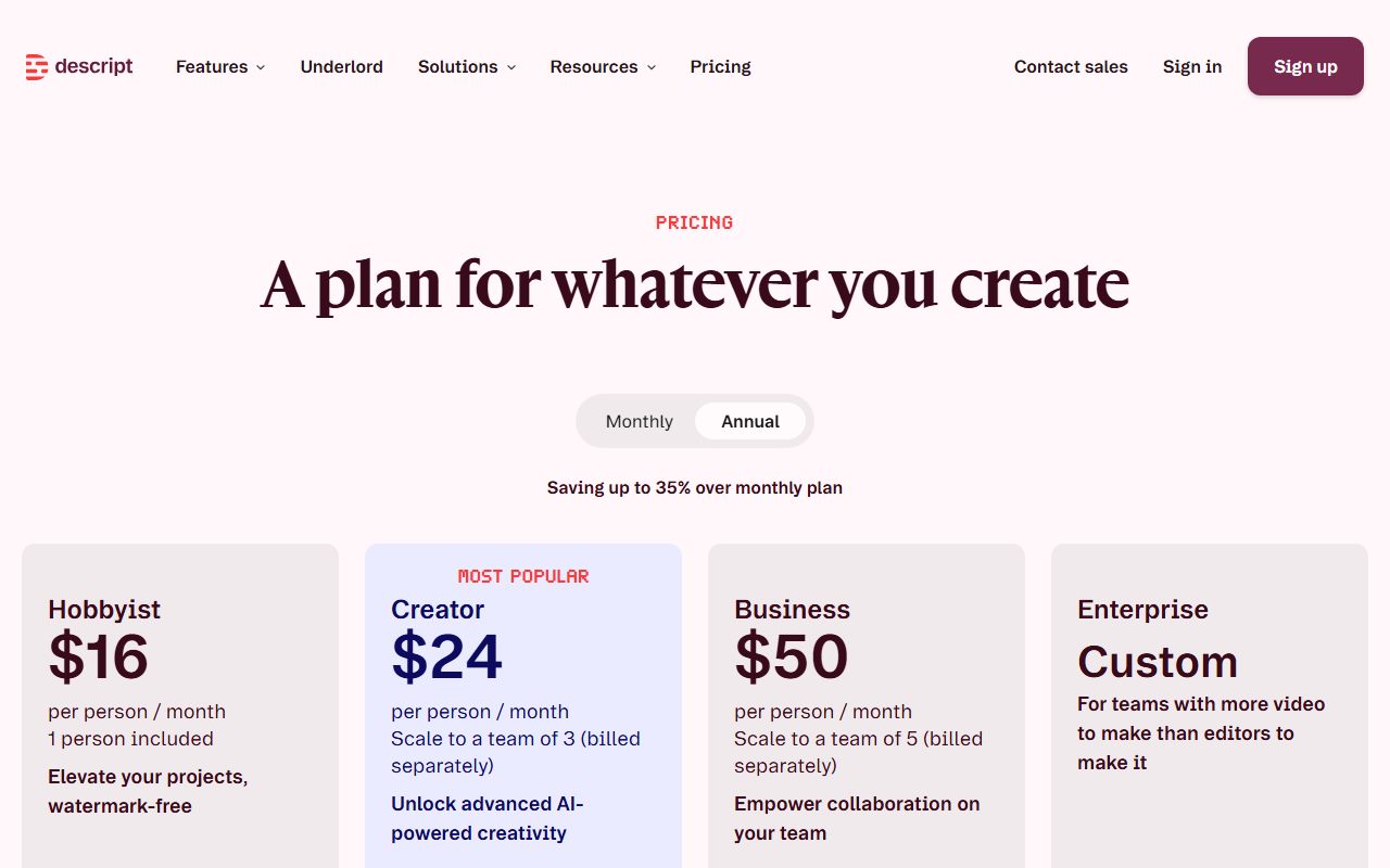 Descript's pricing page as captured on October 7, 2026. Prices and tier contents change; the live page is the source of truth.
