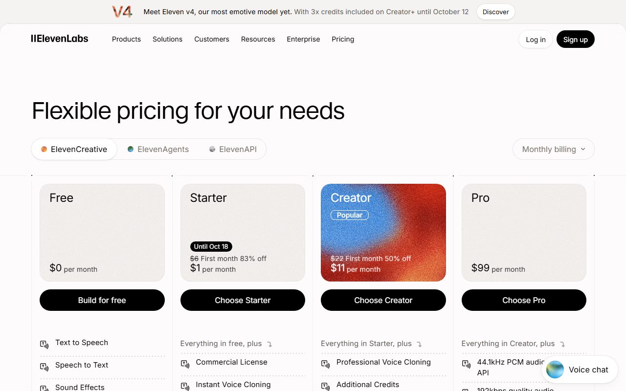 ElevenLabs's pricing page as captured on October 7, 2026. Prices and tier contents change; the live page is the source of truth.