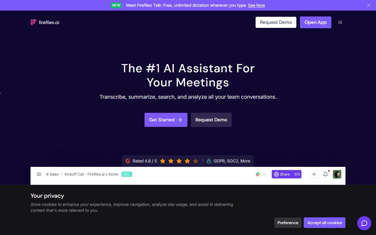Fireflies.ai's public homepage, captured automatically on October 7, 2026. Not a logged-in account; the page may have changed since.