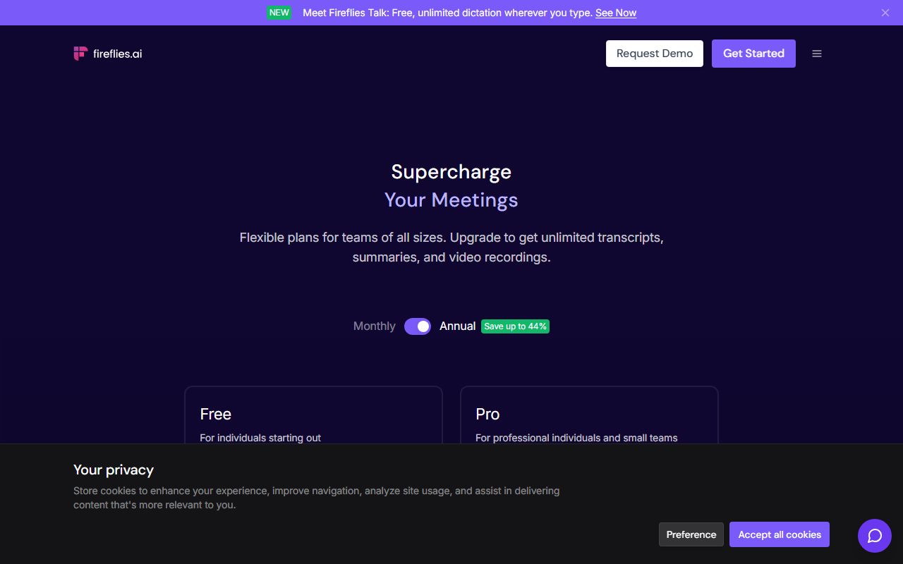 Fireflies.ai's pricing page as captured on October 7, 2026. Prices and tier contents change; the live page is the source of truth.
