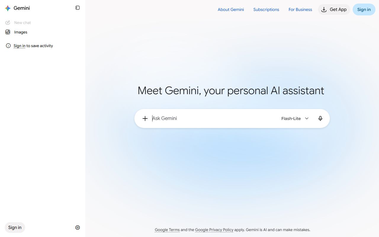 Google Gemini's public homepage, captured automatically on October 7, 2026. Not a logged-in account; the page may have changed since.