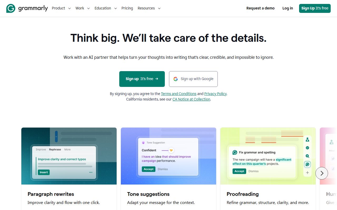 Grammarly's public homepage, captured automatically on October 7, 2026. Not a logged-in account; the page may have changed since.