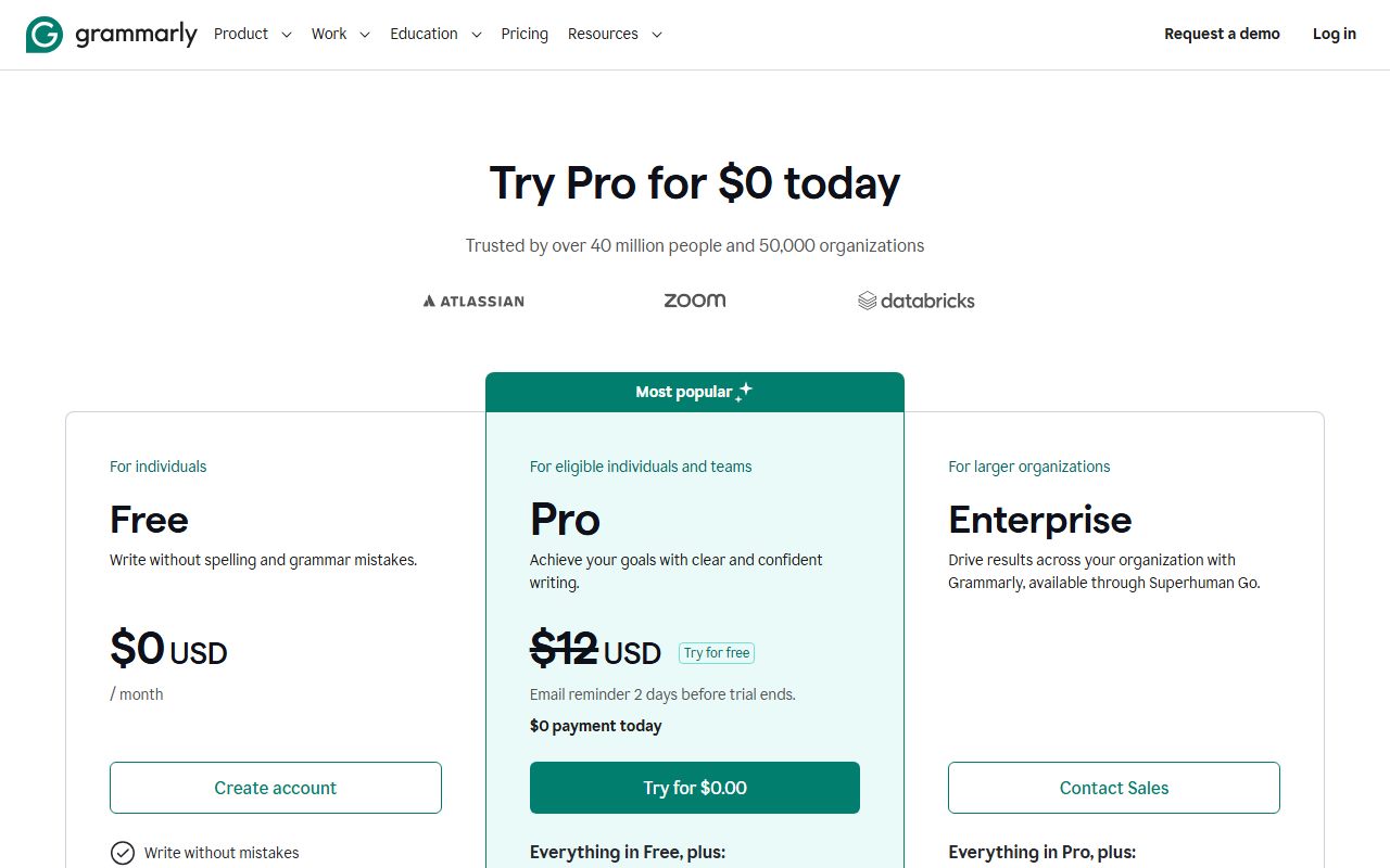 Grammarly's pricing page as captured on October 7, 2026. Prices and tier contents change; the live page is the source of truth.