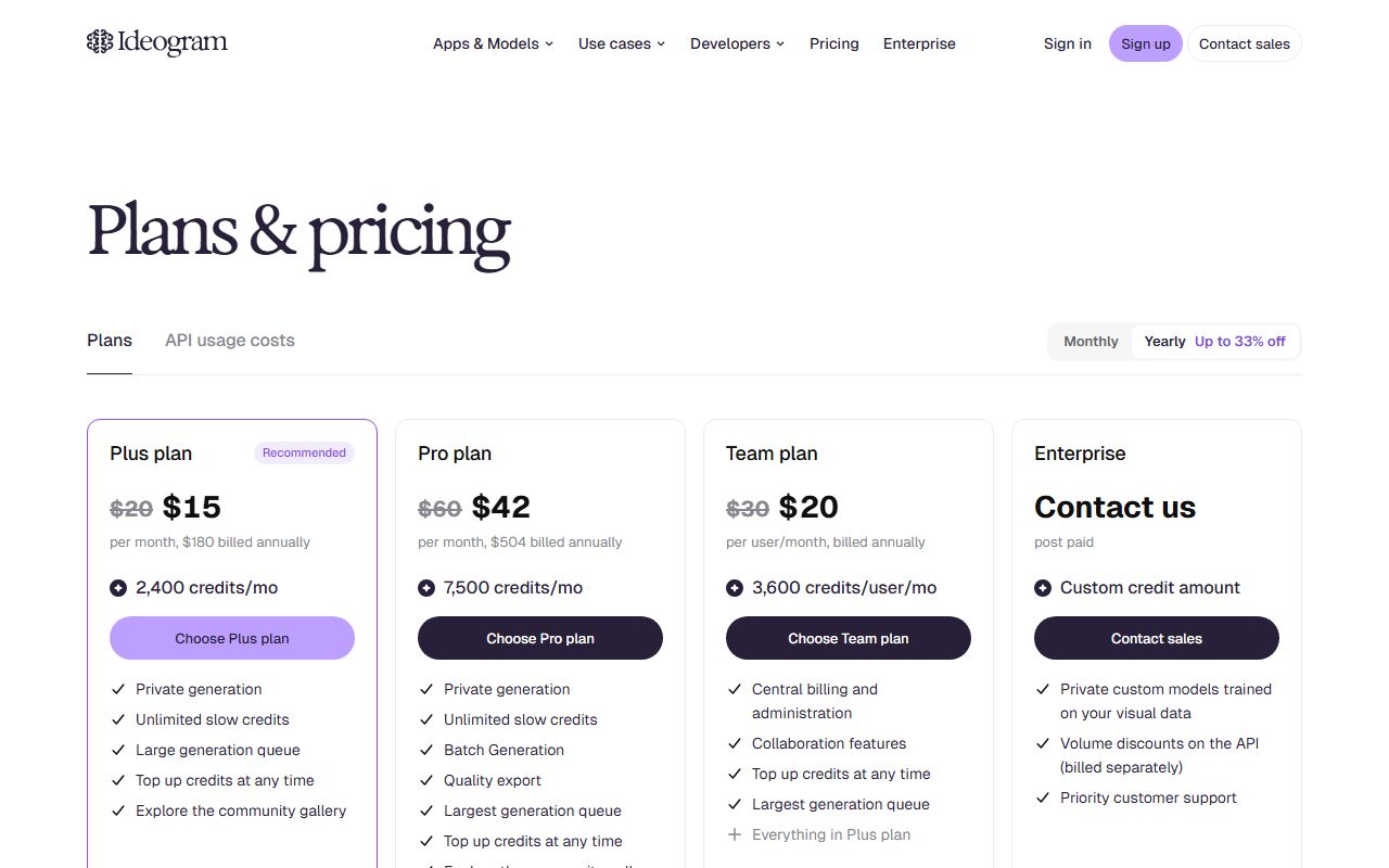 Ideogram's pricing page as captured on October 7, 2026. Prices and tier contents change; the live page is the source of truth.