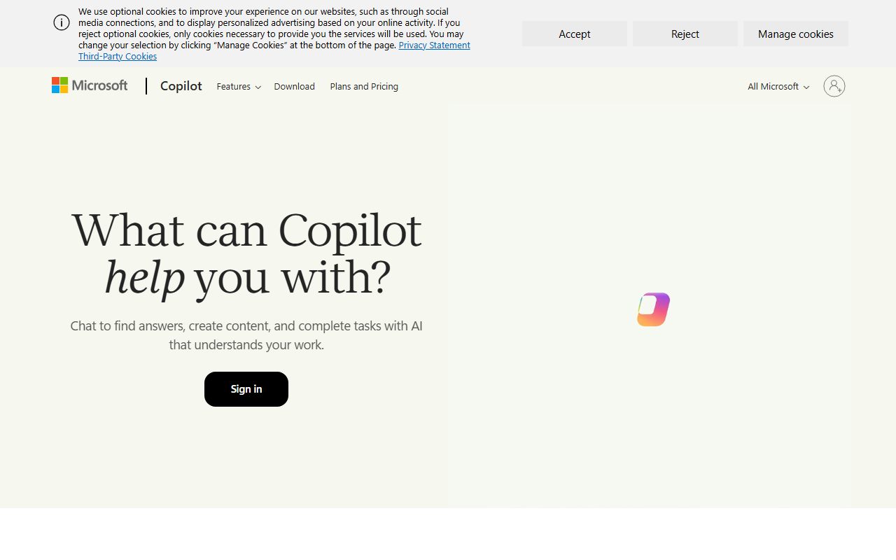 Microsoft Copilot's public homepage, captured automatically on October 7, 2026. Not a logged-in account; the page may have changed since.