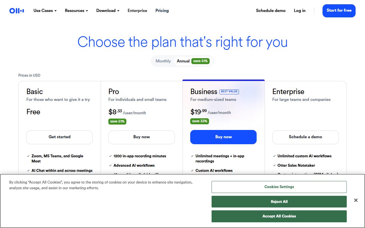 Otter.ai's pricing page as captured on October 7, 2026. Prices and tier contents change; the live page is the source of truth.