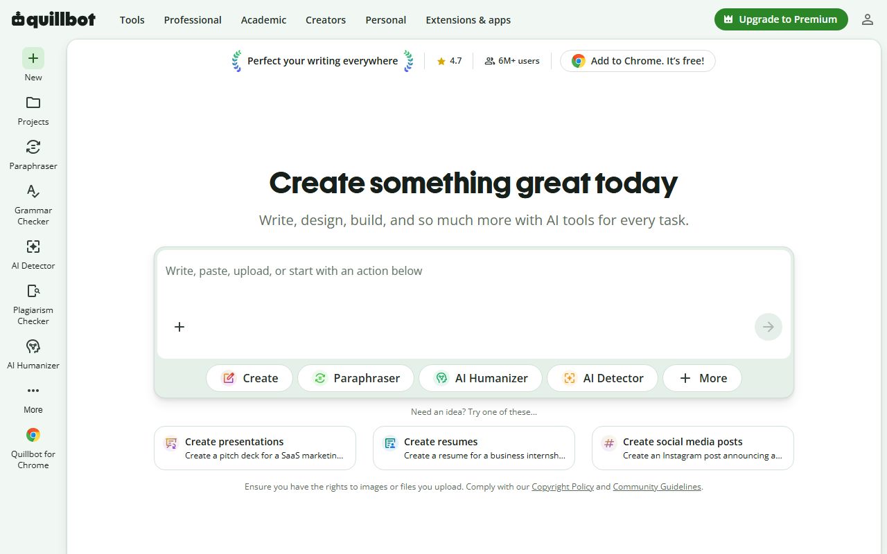 QuillBot's public homepage, captured automatically on October 7, 2026. Not a logged-in account; the page may have changed since.