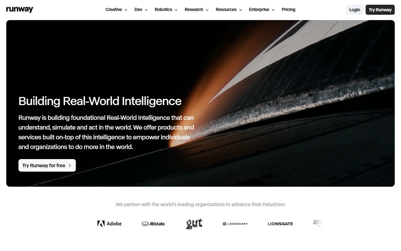Runway's public homepage, captured automatically on October 7, 2026. Not a logged-in account; the page may have changed since.