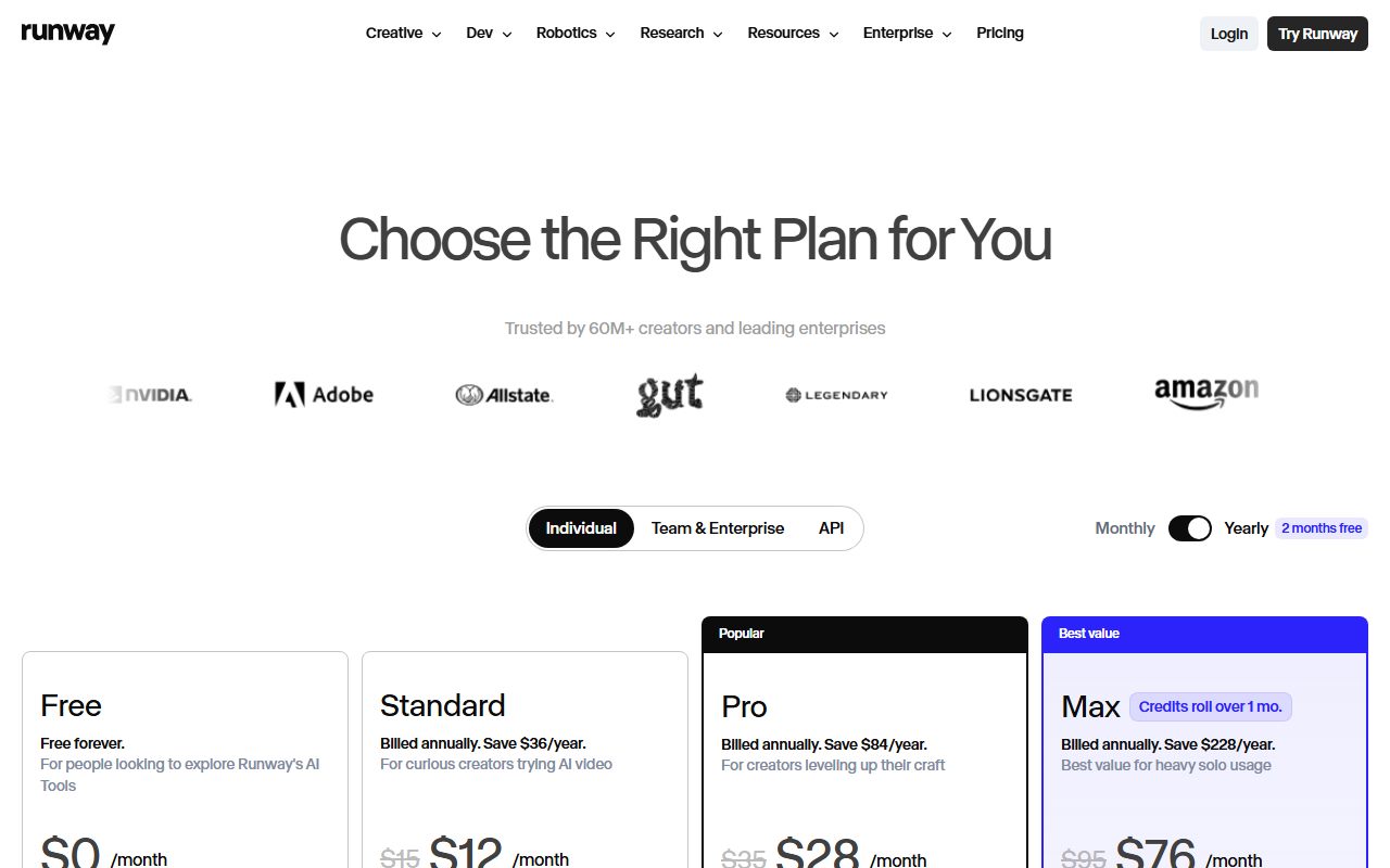 Runway's pricing page as captured on October 7, 2026. Prices and tier contents change; the live page is the source of truth.