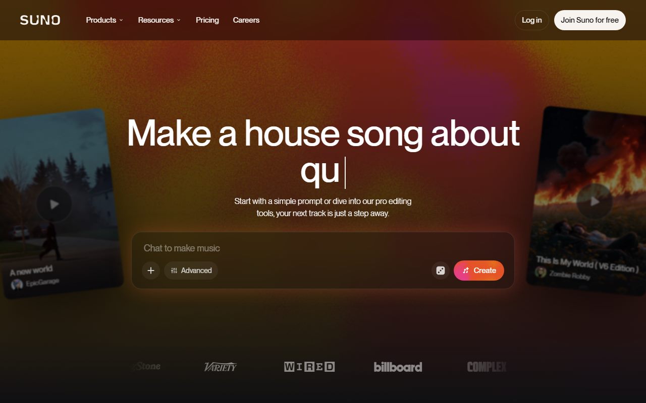 Suno's public homepage, captured automatically on October 7, 2026. Not a logged-in account; the page may have changed since.